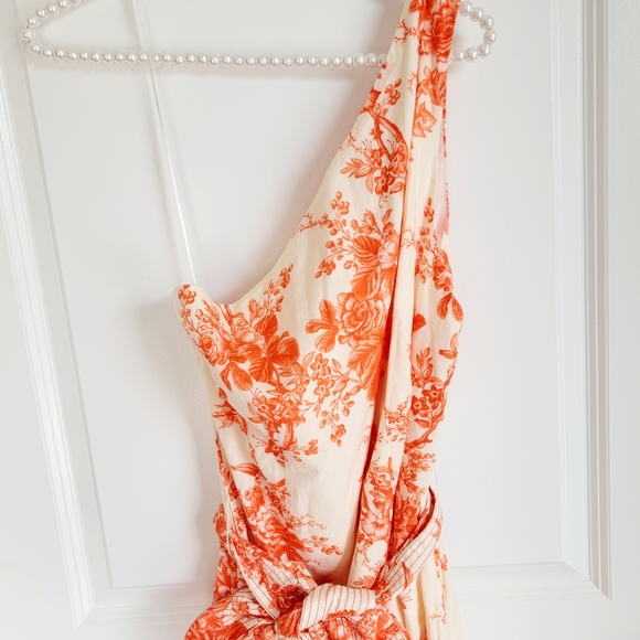 NWOT Zara One Shoulder Lined Belted Tropical Orange Print Midi Dress Sz XL - Picture 9 of 9